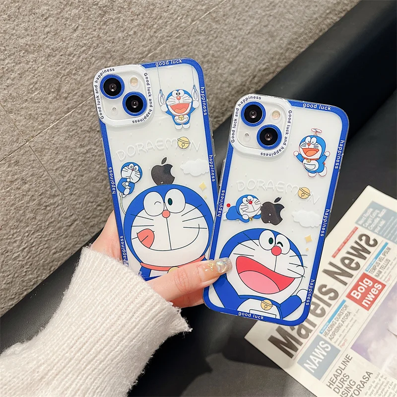 

Bandai Cute Cartoon Blue Doraemon Angel Eyes Clear TPU Phone Case For iPhone XR Xs Max 8 Plus 11 12 13 Pro Max Cover For Couples