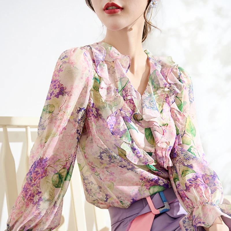 

Chiffon Women's Shirt Summer 2023 New Print Blouses Loose Ruffles Long Sleeves Floral Top V-neck Casual Clothing YCMYUNYAN