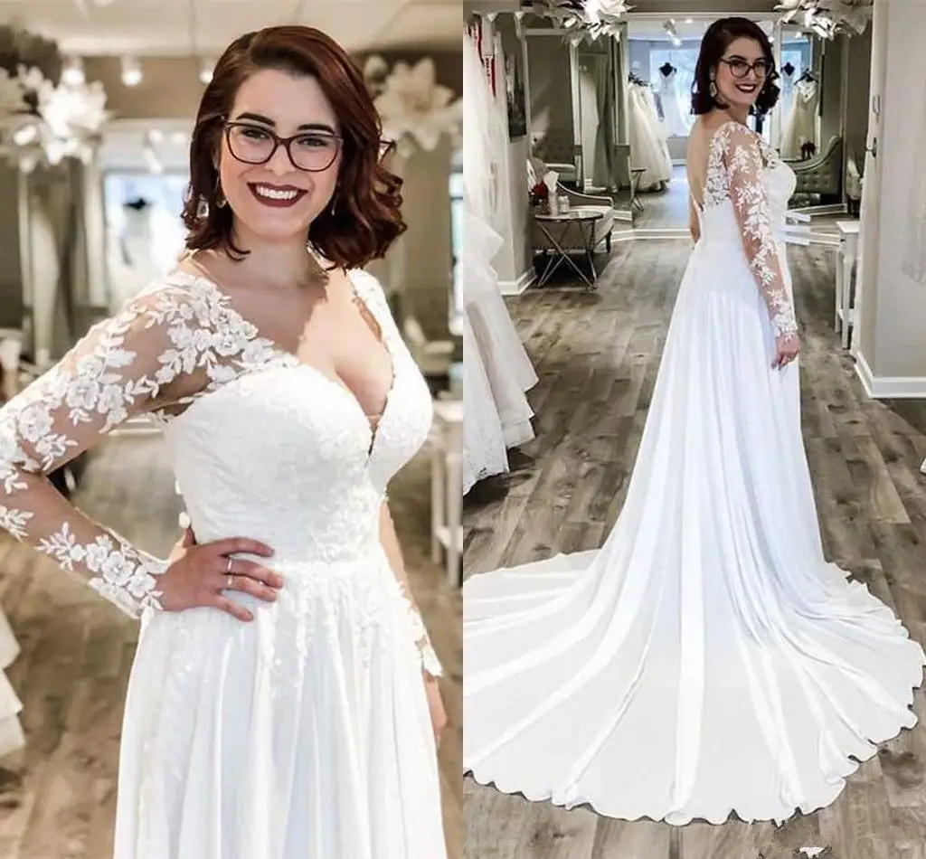 

Lace Chiffon Long Sleeve Wedding Dresses 2020 Simple Design Plus Size Appliqued Beach Country Backless Vestidos Wedding Gown