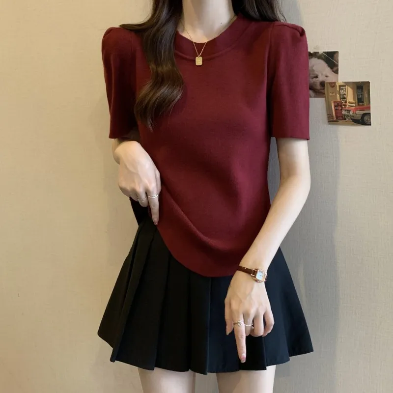 Вязаная Красная футболка из ледяного шелка с коротким рукавом для женщин на