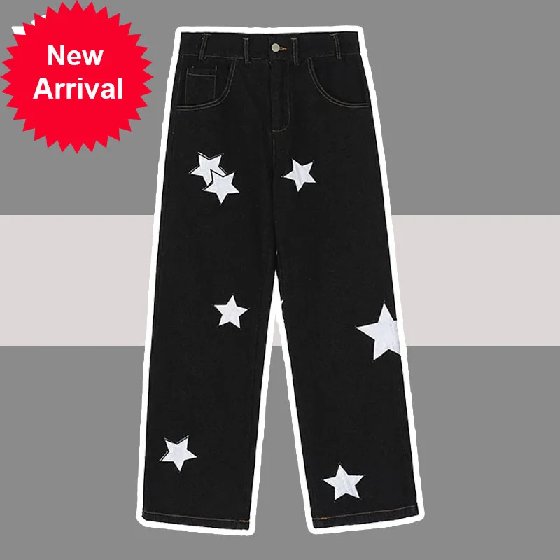 

Jeans Retro Stars Embroidery Pants Men Black Harajuku Spliced Straight Pant High Street Vibe Loose Casual Washed Denim Trousers