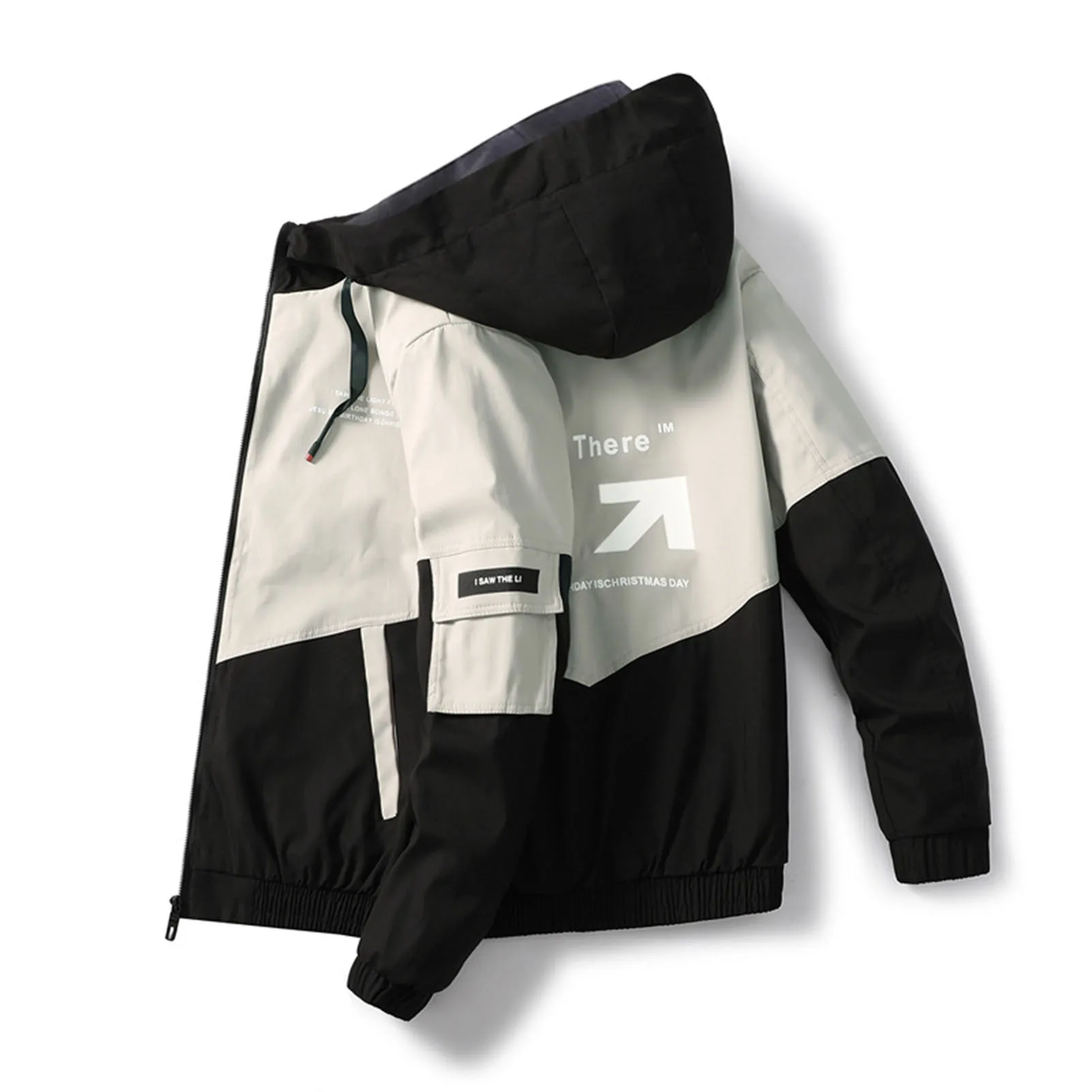 

Spring Autumn Men Jacket Solid Color Hooded Long Sleeves Loose Pockets Zipper Hood Outerwear Warm Male Clothing Streetwear
