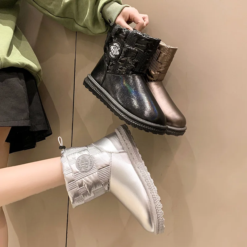 

Women's Cotton Shoes Winter New Round Head Fashion Short Tube Flat Sole Plush Thickened Sleeve Leather Korean Snow Boots women