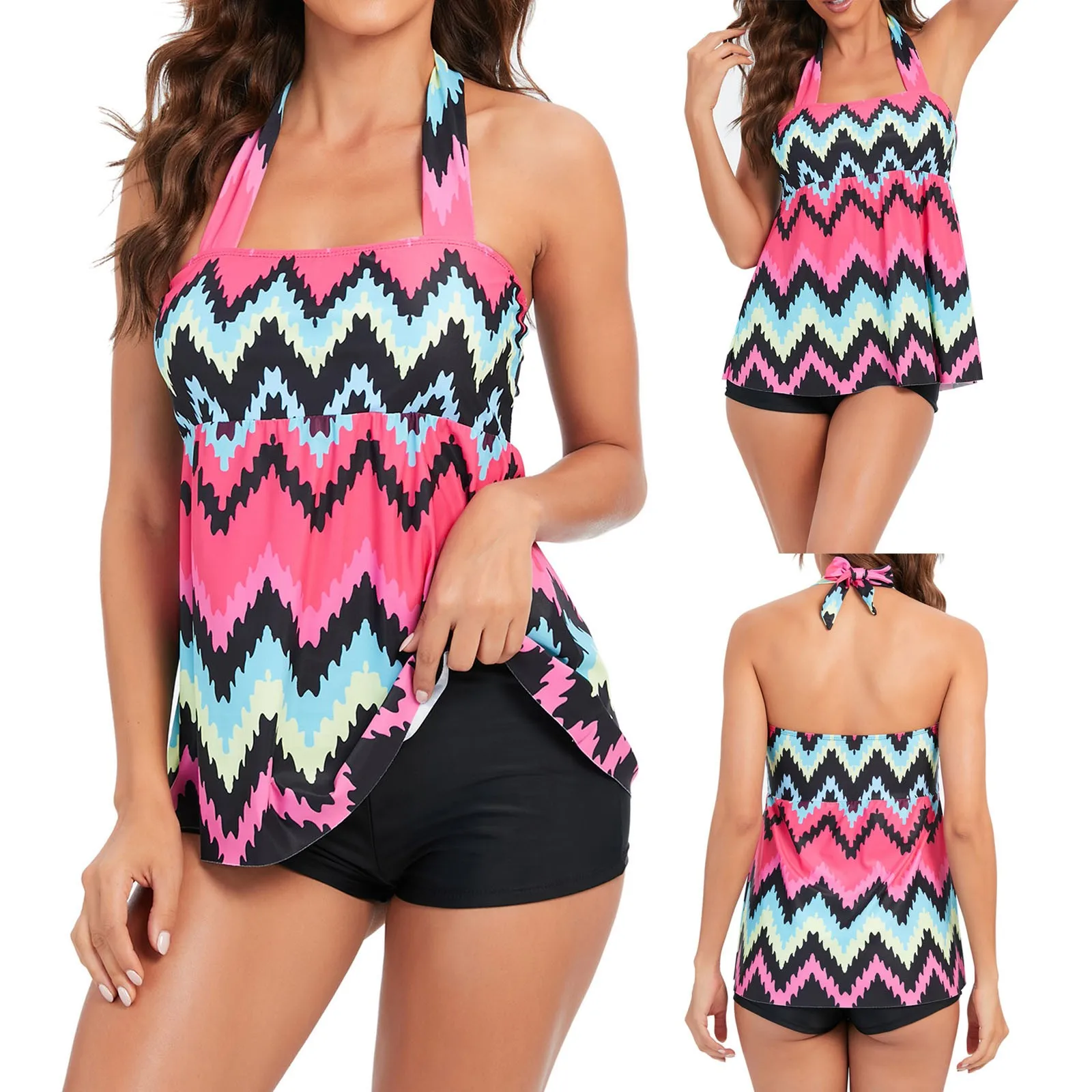 Женский раздельный купальник с принтом и открытой спиной |