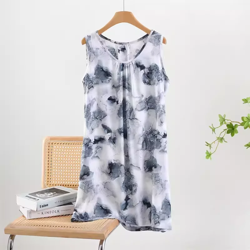 Cotton Silk Nightdress Women Summer Sleeveless Vest Bourette Pajamas Dress Floral Artificial Comfortable Plus size Thin