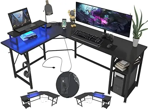 

Shaped Computer Desk with Monitor Stand and Power Outlets,Gaming Desk with Storage Shelf and LED Lights, Reversible Corner with