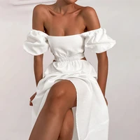 women dress off shoulder midi white dress y2k cut out puff sleeve sexy summer elegant bandage chic casual street maxi dress