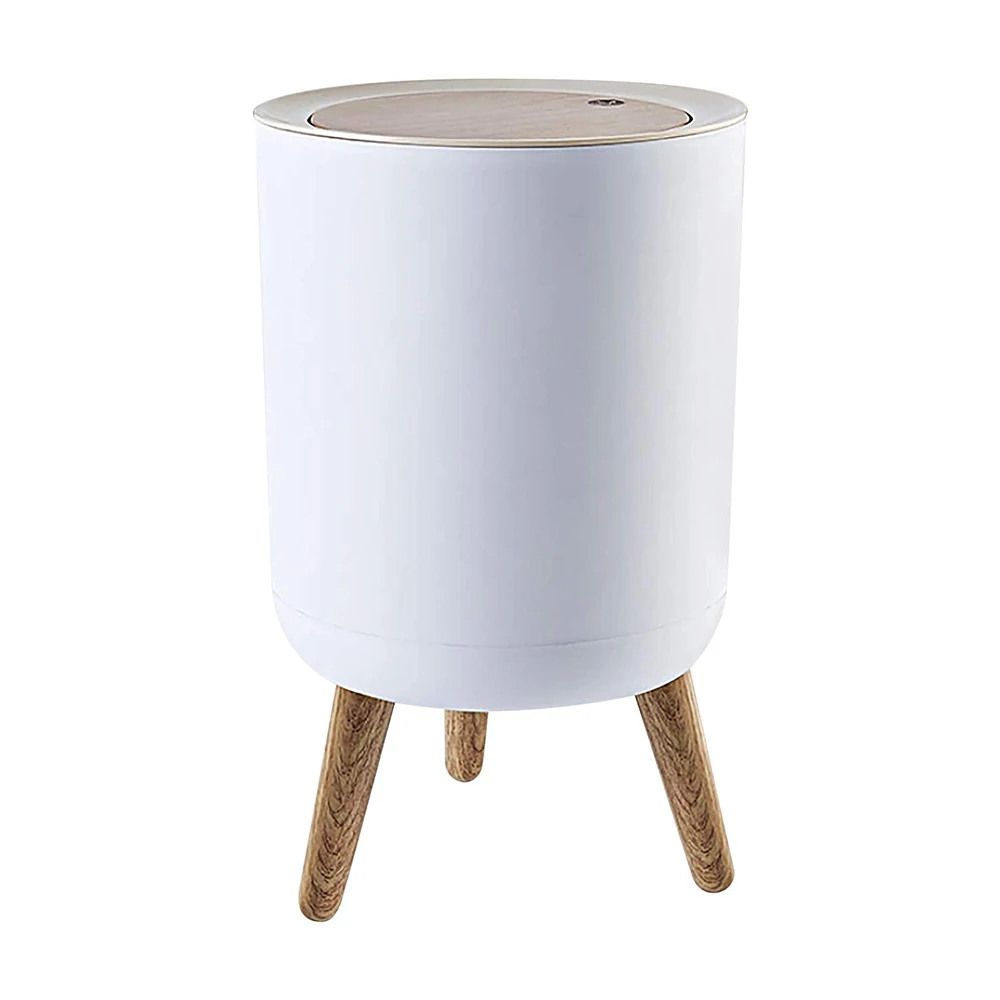 

Trash Can with Lid, High Foot Press Dustbin Kitchen Garbage Container Toilet Garbage Can Press Cover Wooden Grain Foot Waste Bin