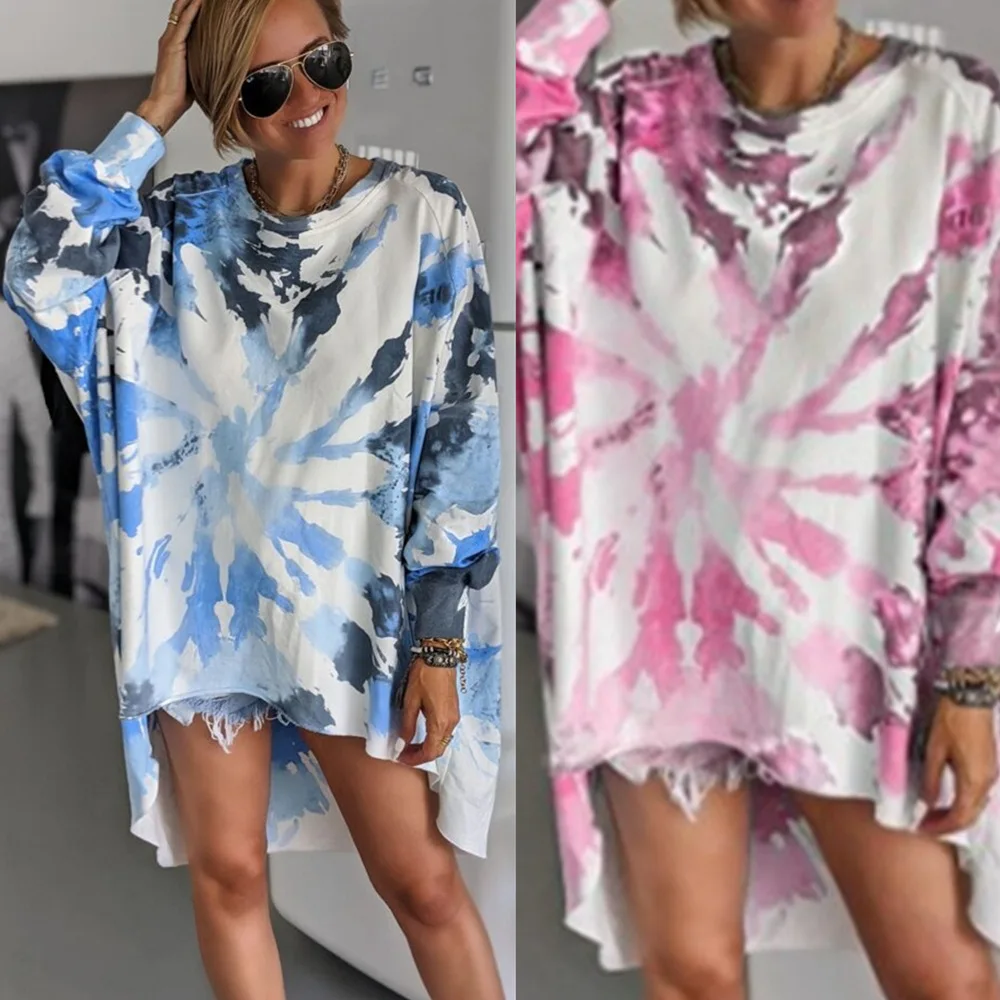 

Plus Size Womens Tie Dye Sportwear Irregular Front Short And Back Long Ladies Tops Autumn Long Sleeve Loose Casual Streetwear