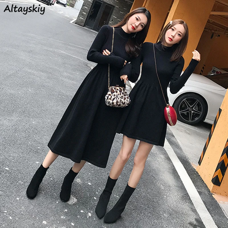 

Long Sleeve Dress Women Autumn Slim Knitting Casual Medium-long Solid BF All-match Basic Cozy Fashion Hot Sale Sister Elasticity
