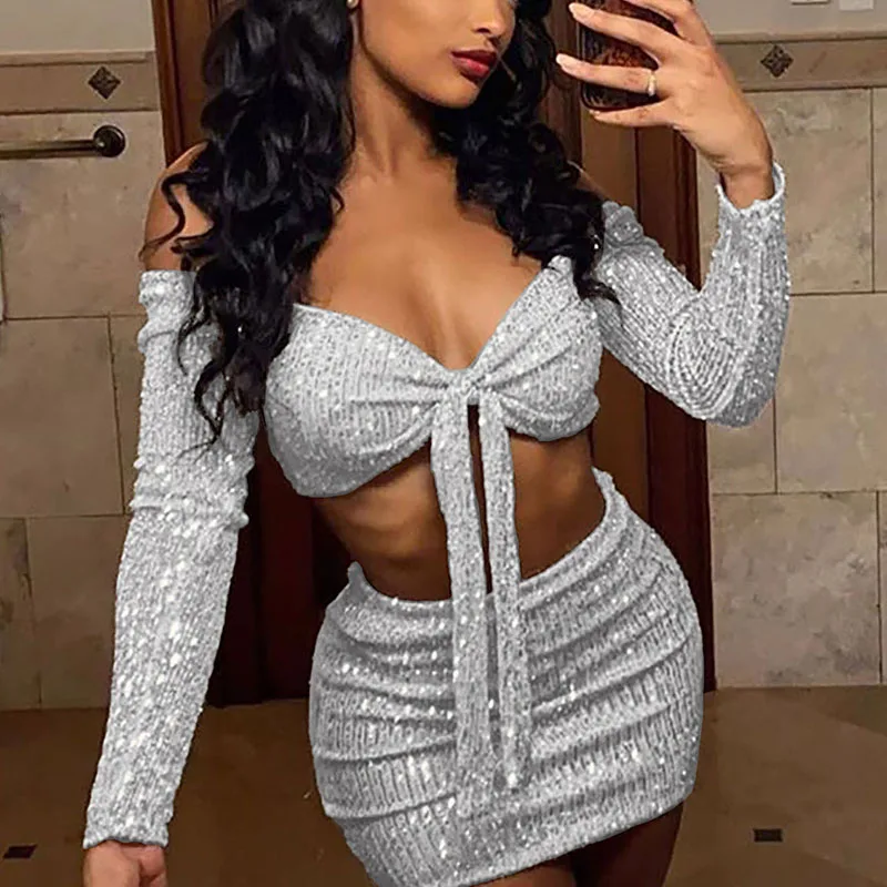 

Блестящий комплект из 2 предметов с блестками женская праздничная одежда короткий топ и мини-юбка вечерние Клубные наряды для женщин на Рож...