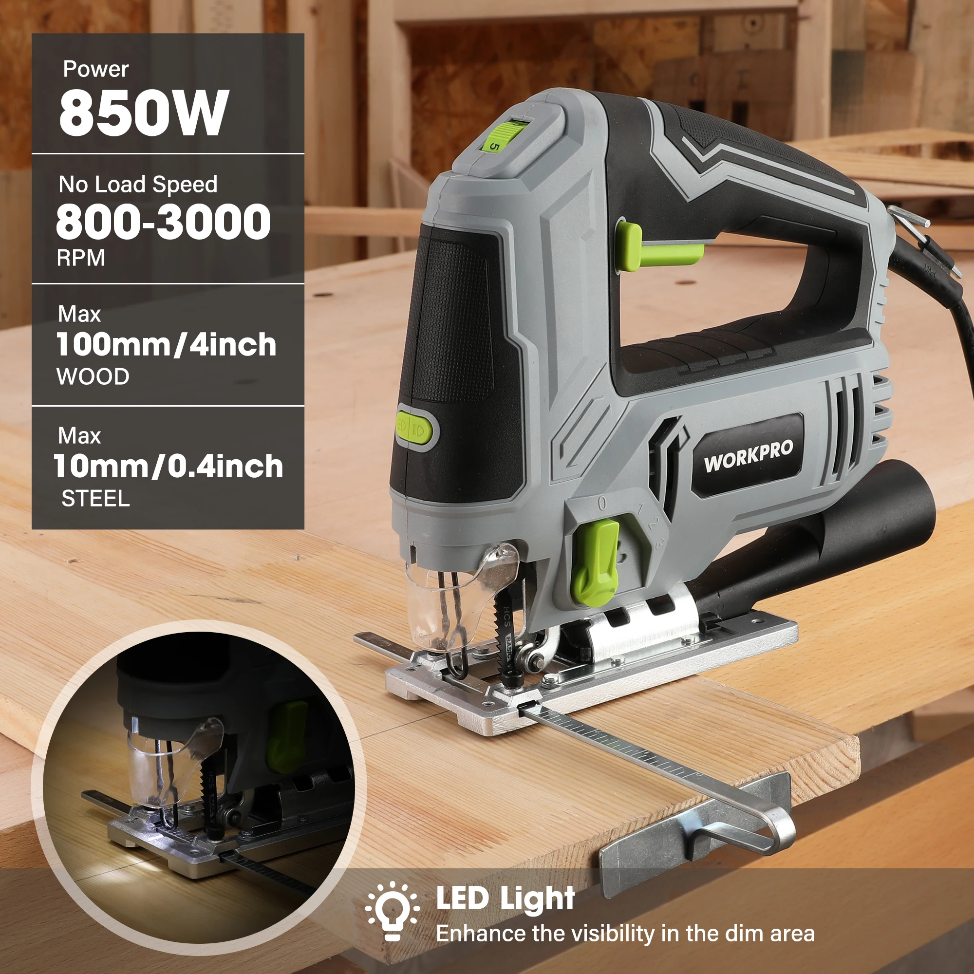 WORKPRO 850W Corded Jig Saw, Jigsaw Tool Corded Electric Power Cutter for Wood, Metal and Plastic Cutting with 7 Blades