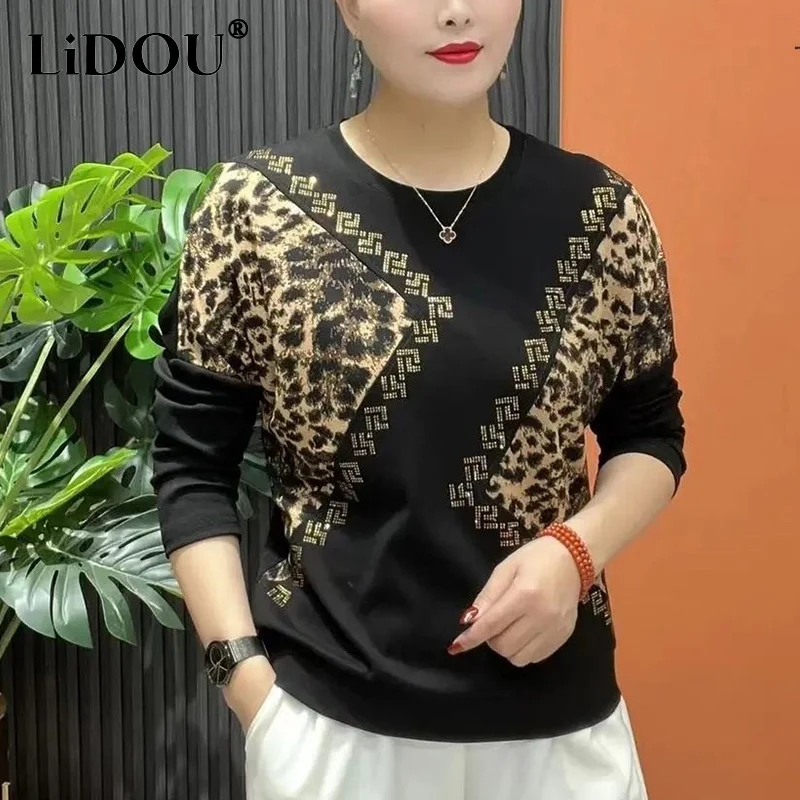 

Autumn Winter Oversized Diamons Patchwork T-shirt Female Long Sleeve Loose Casual All-match Pullover Top Women Comfortable Tees