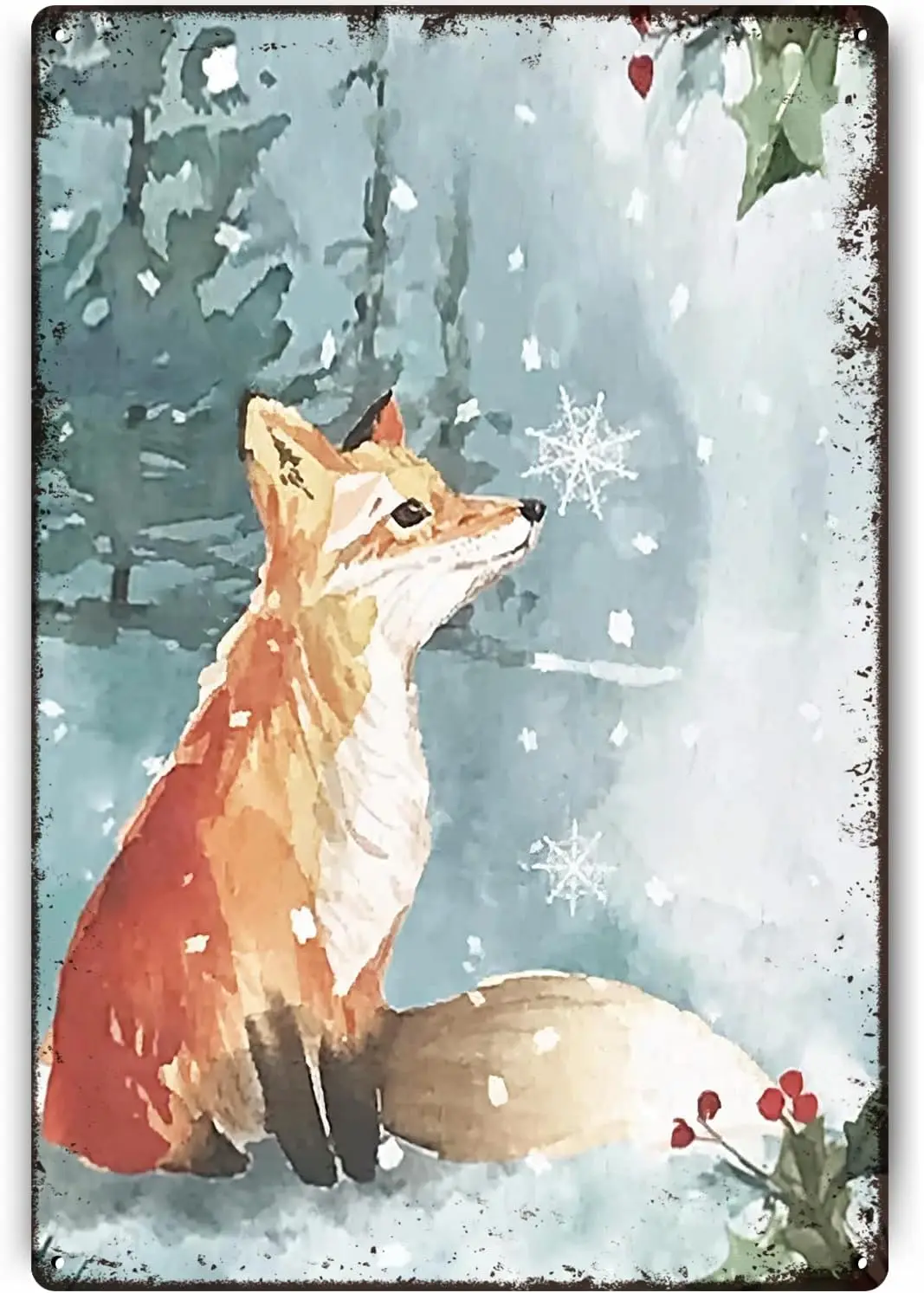 Znzd Metl Sgns Wnter Snowy Trees Wld nmls ox Wll Unny Vntge Chrstms Wtercolor Pntngs Тематический декор или спальня L