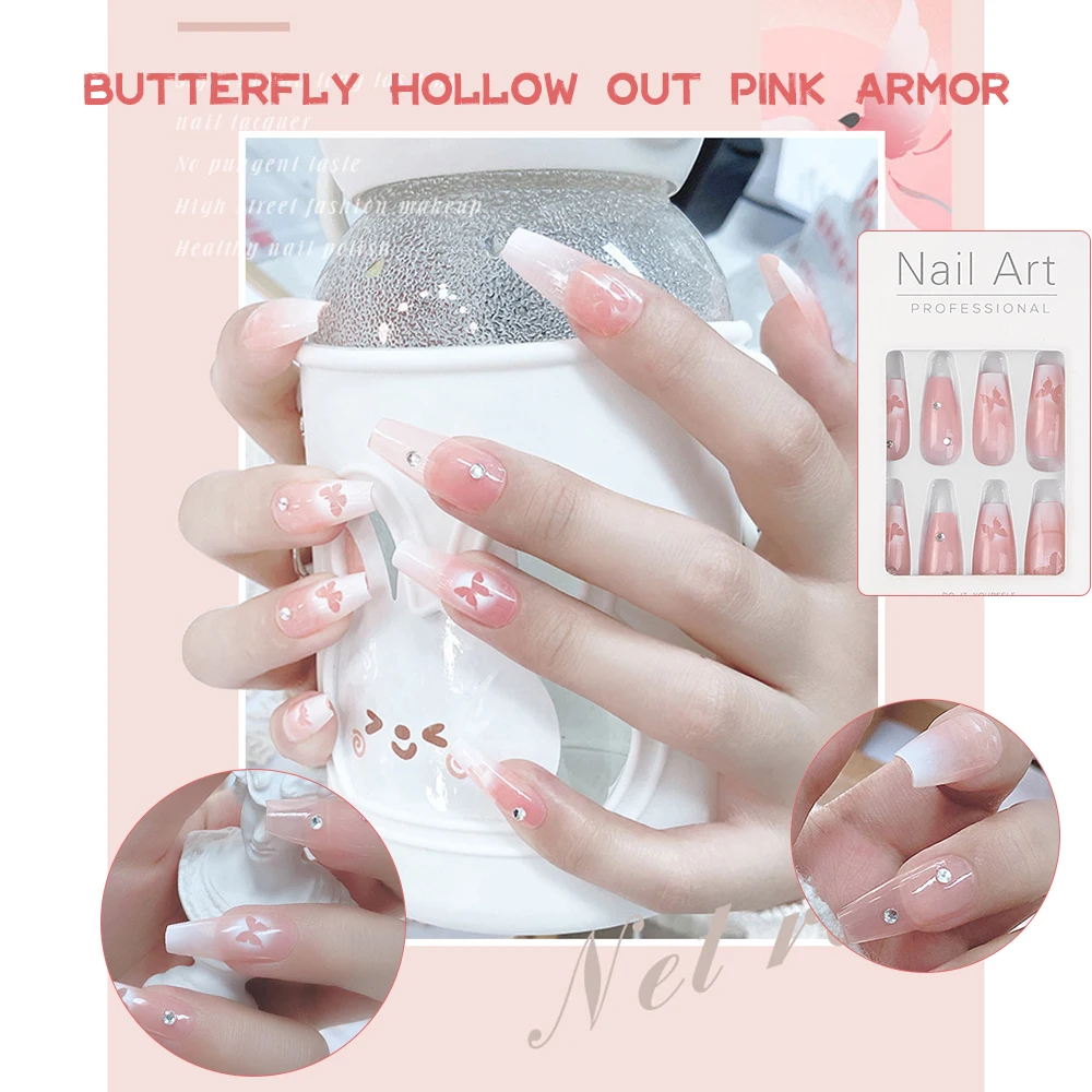 

24 шт., накладные ногти с розовыми бабочками для женщин и девушек