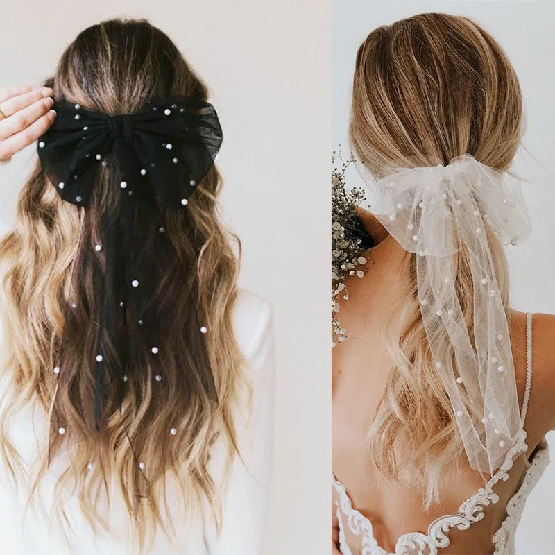 

White Black Oversize Bow Hairpin Princess Hair Accessories Princess Net Yarn Bowknot Ribbon Hair Clip Long Girls Spring Clip