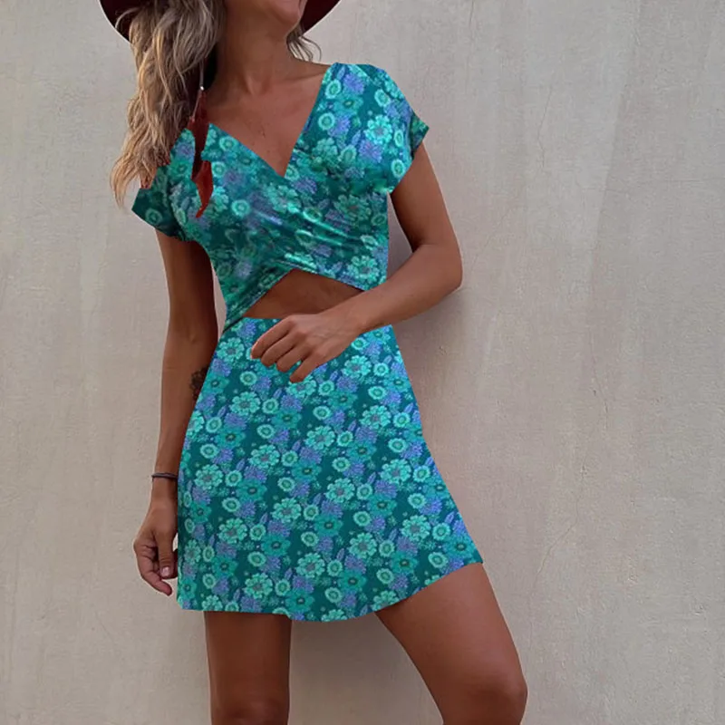 

Vintage Bohemian Holiday A-line Dress 2023 Summer Floral Print Short Sleeved Dress Casual Women V-neck Hollow Beach Mini Dress