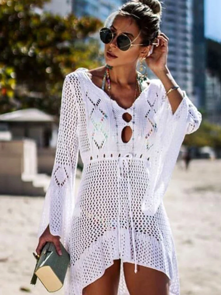 

2023 Summer Women Beachwear Sexy White Crochet Tunic Beach Wrap Dress Woman Swimwear Swimsuit Cover-ups Bikini Cover Up #Q719