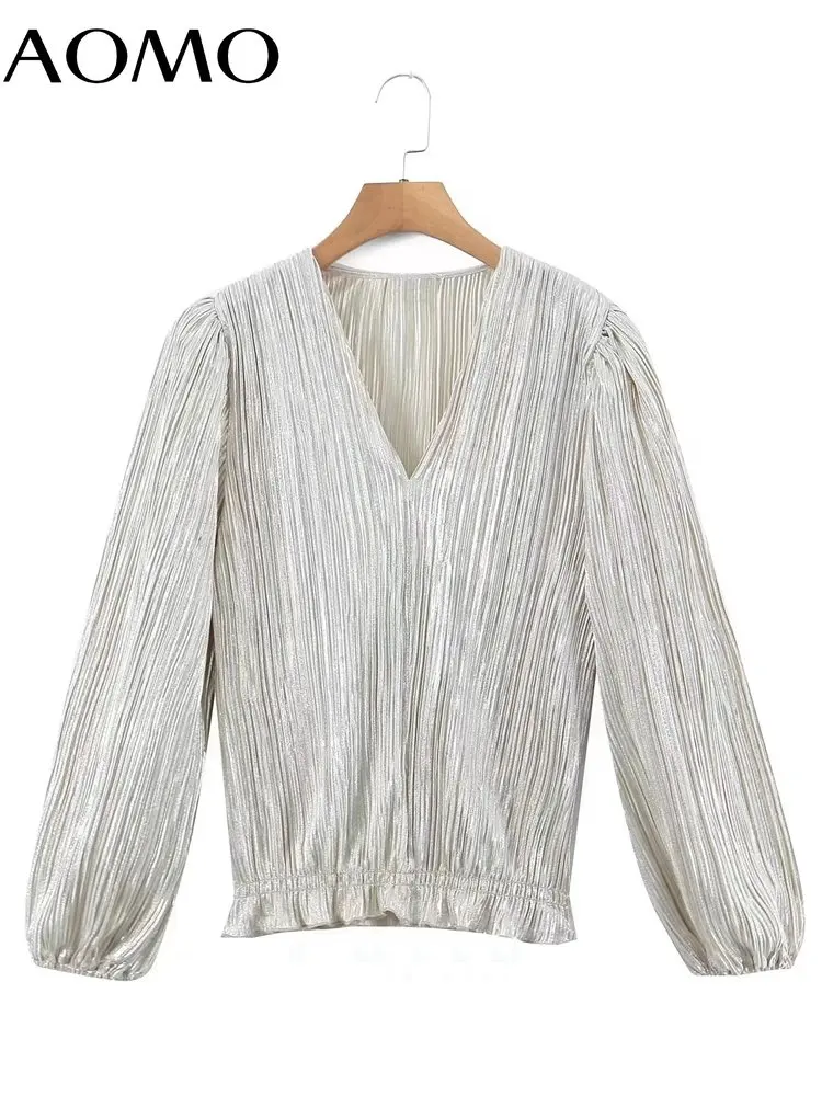 

AOMO Women Shiny Pleated Cropped Blouses Vintage Long Sleeve Female Shirts Tops 3Z51A