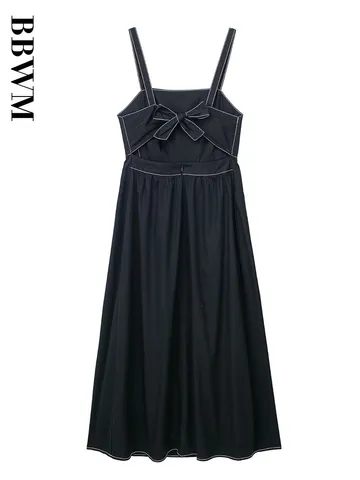 Black Dress Women Bow Decorate Midi Dress Summer Vintage Long Dresses 2023 Fashion Straps Beach Casual Dress Chic Female