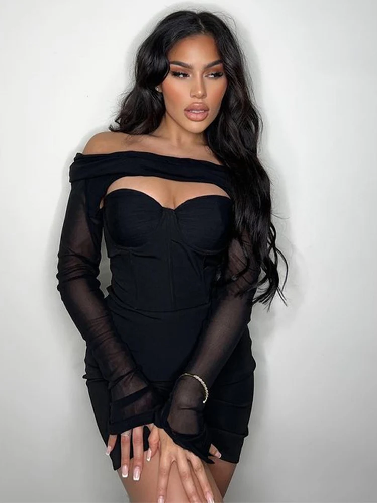 Женское Сетчатое платье с открытыми плечами длинным рукавом рюшами короткое