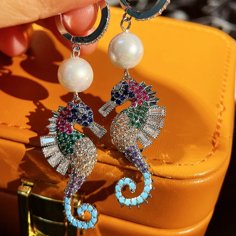 

Multicolored Seahorse Pearl Earrings Microset Zircon Stud Earrings
