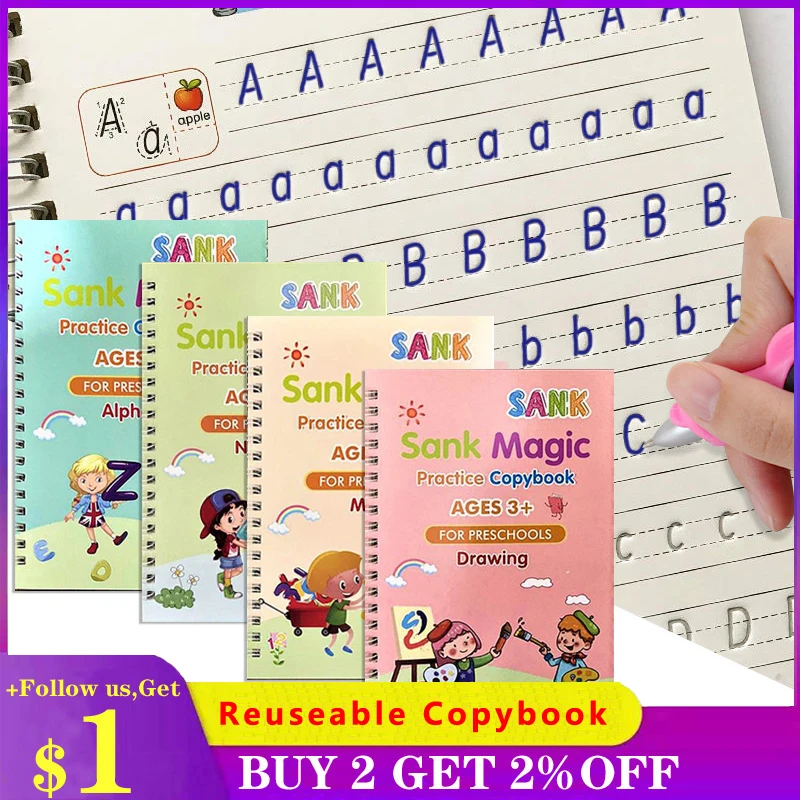 

4pcs Sank Magic Practice Copybook Pen Preschools Kids Calligraphy English Verison Free Wiping Children Reusable Writing Book