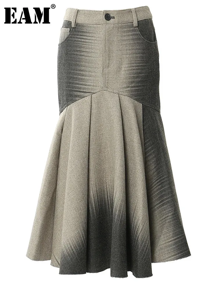 Женская шерстяная юбка-годе [EAM] серая элегантная с высокой талией и карманами