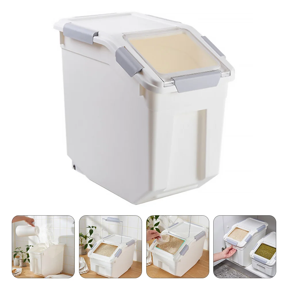 

Storage Rice Box Bucket Grain Flour Tank Bin Containers Container Wheels Airtight Kitchen Ingredient Shelf White Scoop Sliding