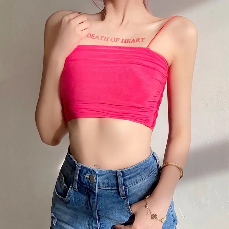 

Women Slim Vest Thin Shoulder Belt Rose Red Exposed Navel Short Sling Thin