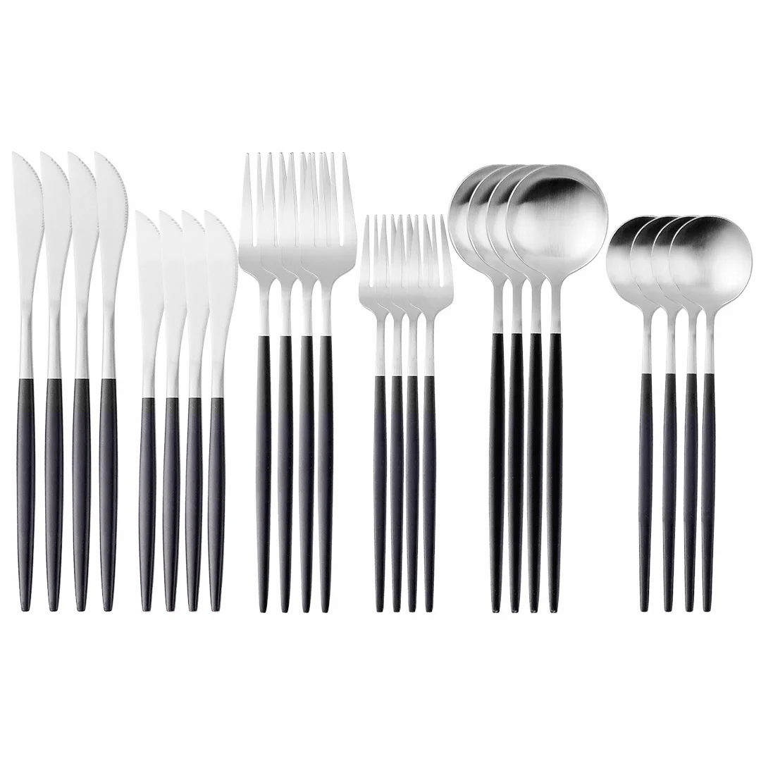 

Набор столовых приборов из нержавеющей стали черного и серебристого цвета, столовые приборы 24 шт вилка, набор ножей, ложек, столовые приборы, кухонный полный обеденный набор