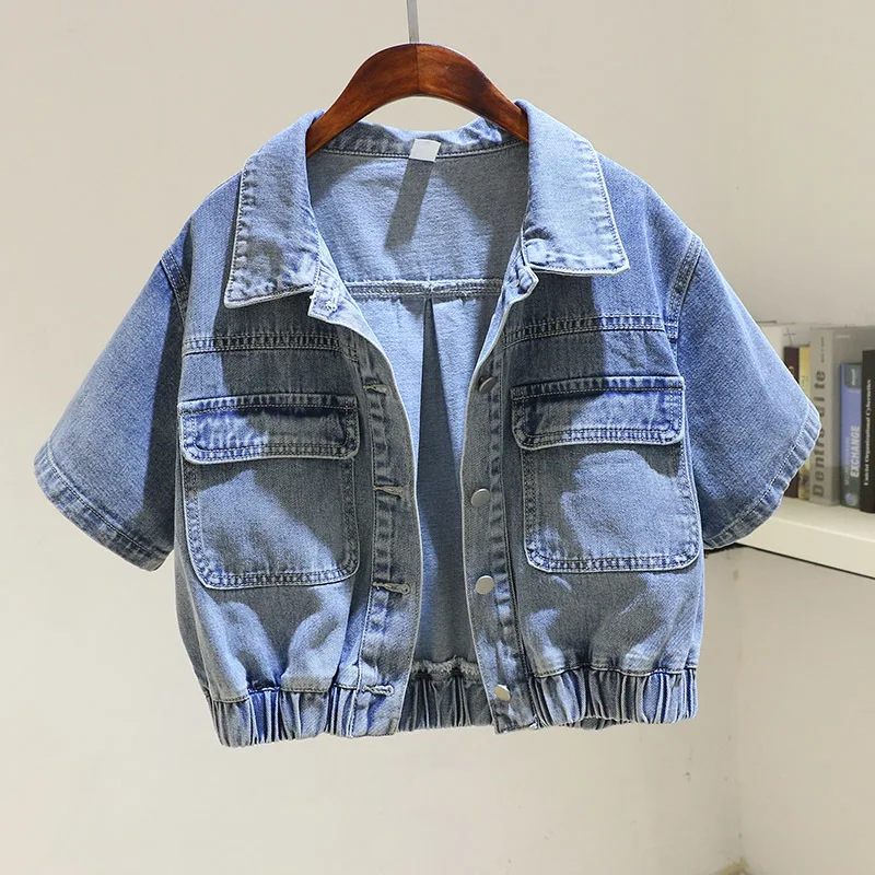 

Summer Vintage Light Blue Denim Jacket Women Loose Short Cowboy Outerwear Thin Short Sleeve Big Pocket Jeans Jacket Coat Female