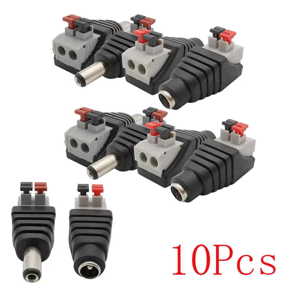 10Pcs 5.5 x 2.1mm No Screws DC Male Female Wire Connector DC Power Plug Jack Adapter for 3528/5050 LED Strip CCTV Camera