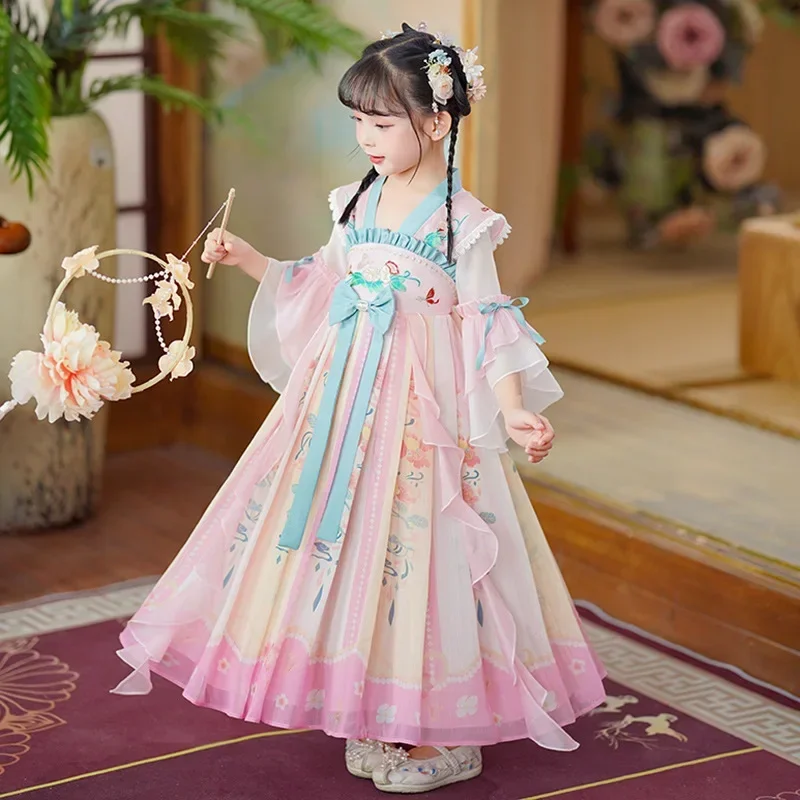 Розовое платье с цветочной вышивкой ханьфу для девочек супер сказочное в