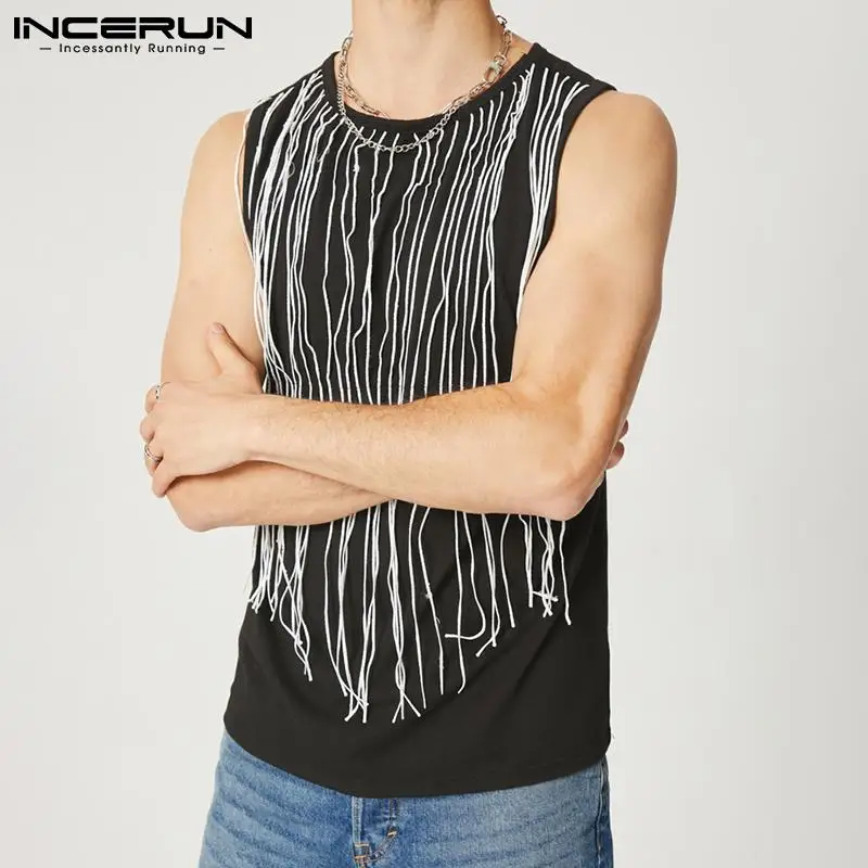 

Party Nightclub Style Vests New Men Sexy Leisure Waistcoat INCERUN Fashion Casual Male Silver Fringed Sleeveless Tank Tops S-5XL