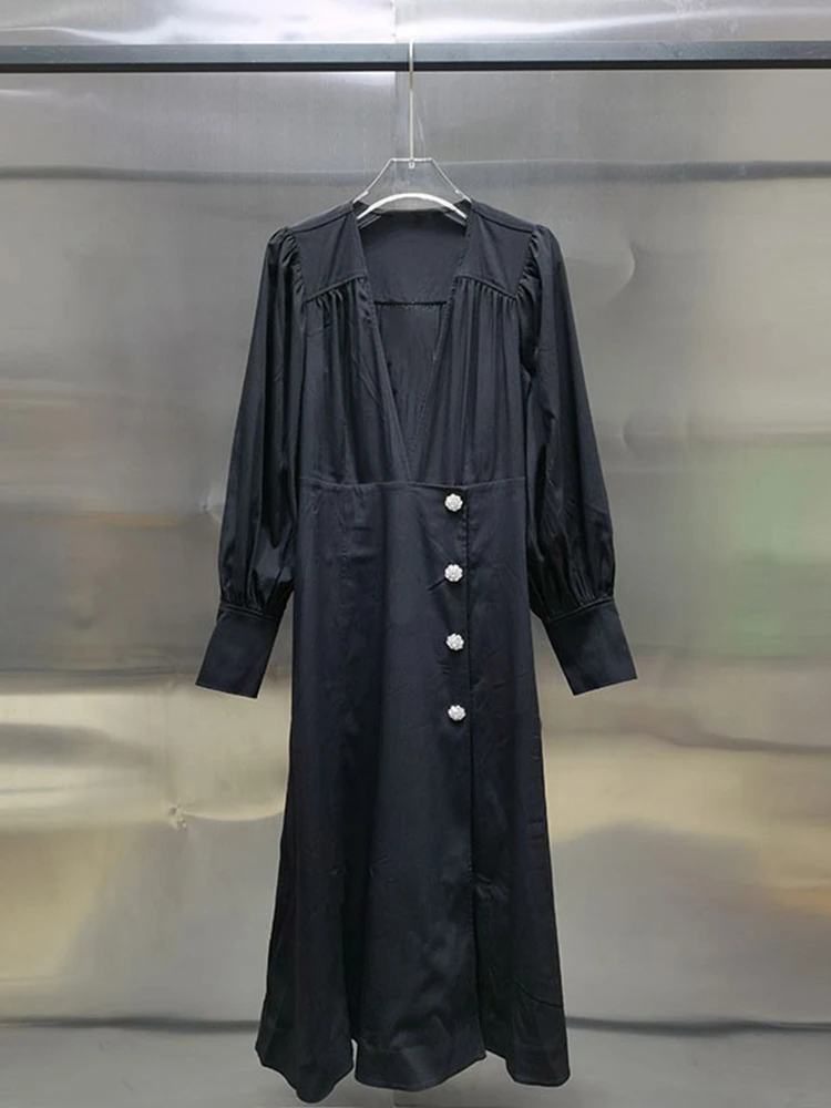 

2022 Spring New Black V-neck Rhinestone Button Dress Women Midi Dress
