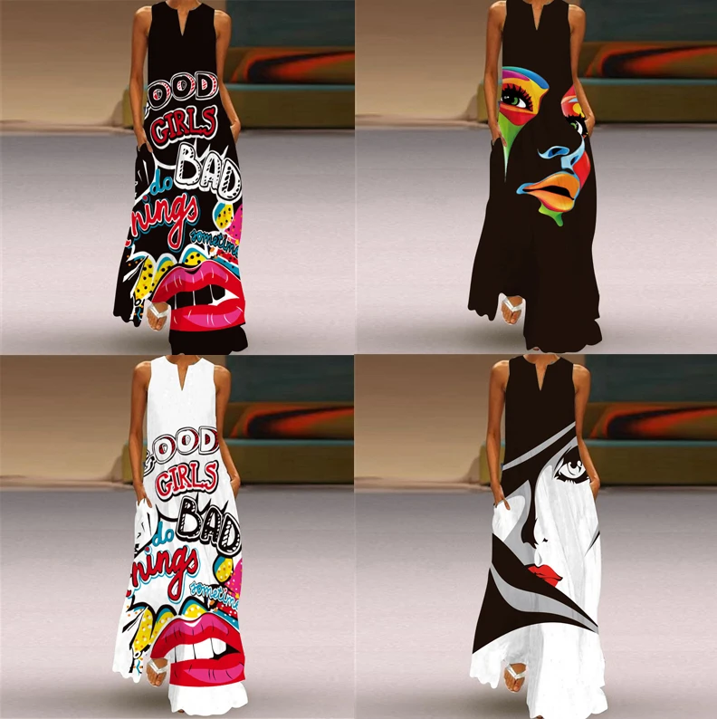 

Sleeveless long skirt V-neck letter Vintage Print Dress