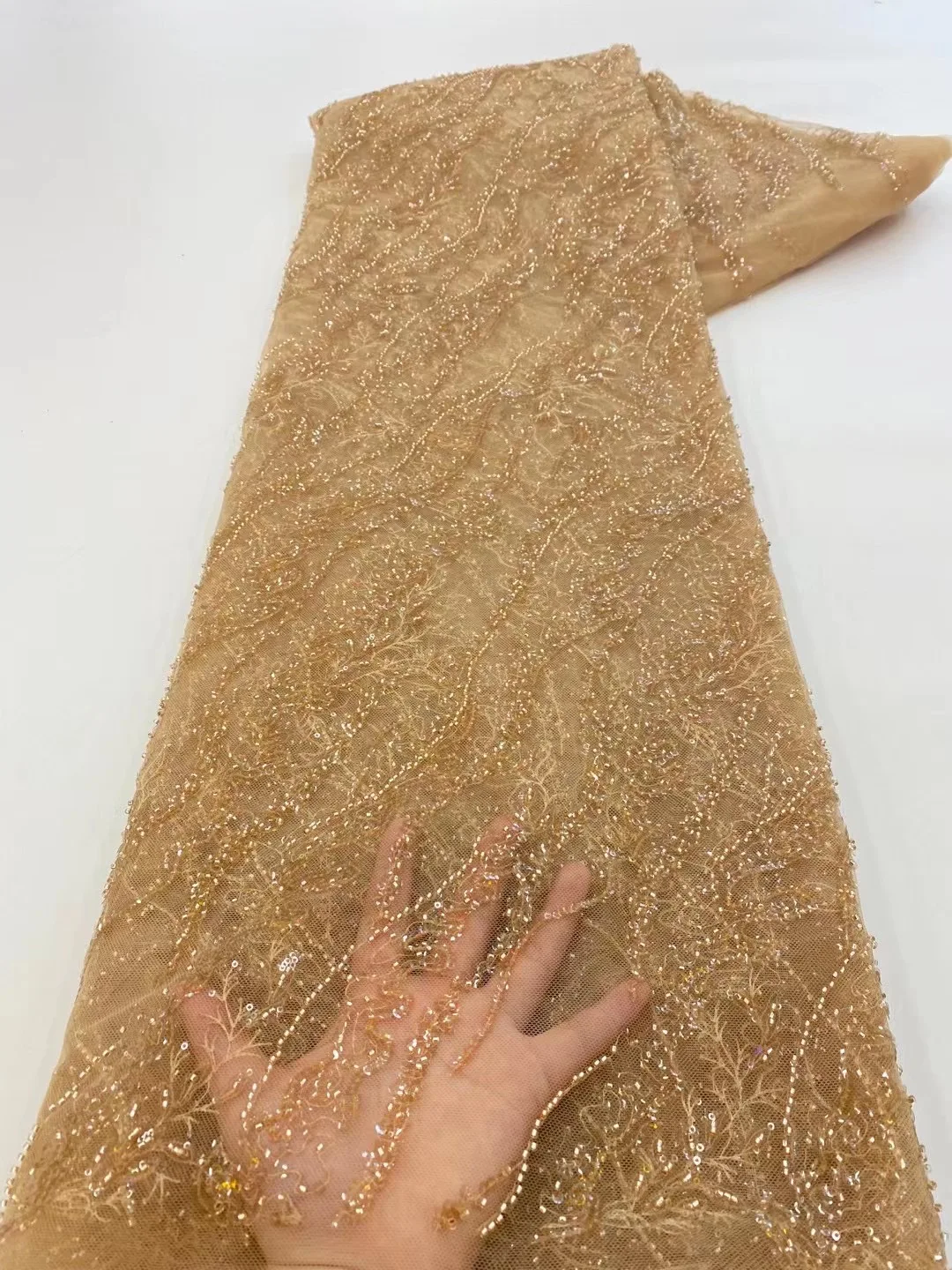 

Nigerian Latest Gold Handmade Beads Lace Fabric 2022 High Quality African Sequins Tulle Lace Fabric For Wedding Bride Prom Dress
