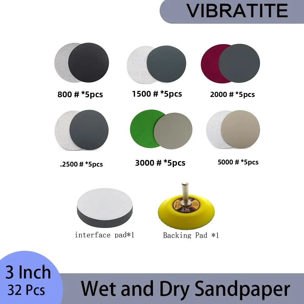 

3-дюймовая влажная и сухая наждачная бумага, 32 шт. с мягкой полировальной подушечкой, подложка в ассортименте, зернистость 800-5000, карбид кремния для авто, дерева, металла