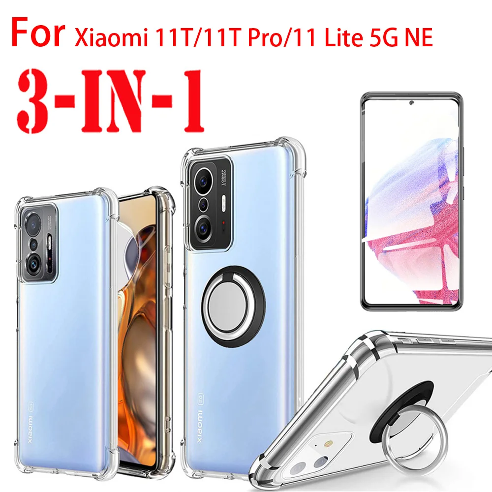 

3IN1,Cover For Xiaomi 11T Pro Ring Case Mi 11 Lite Transparent Silicone Case+Tempered Glass Xiaomi 11 Lite 5G NE Case Shockproof