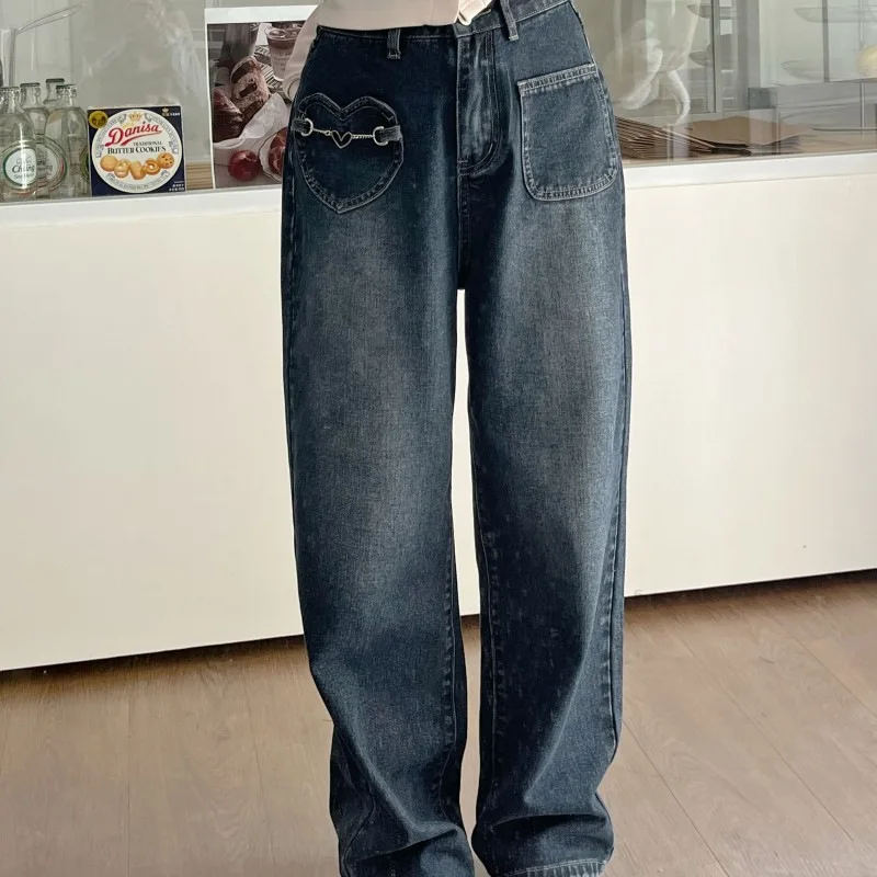 Vintage Y2K New Jeans New Blue Love Jeans High Waist Slim Versatile Straight Pants Streetwear 90s Wide Leg Pants Denim
