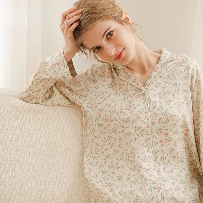 Elegant Floral Printing Cotton Long Sleeve Women Pajamas Set for 2022 Spring Newest Lily of The Valley Sleepwear Trousers Suits