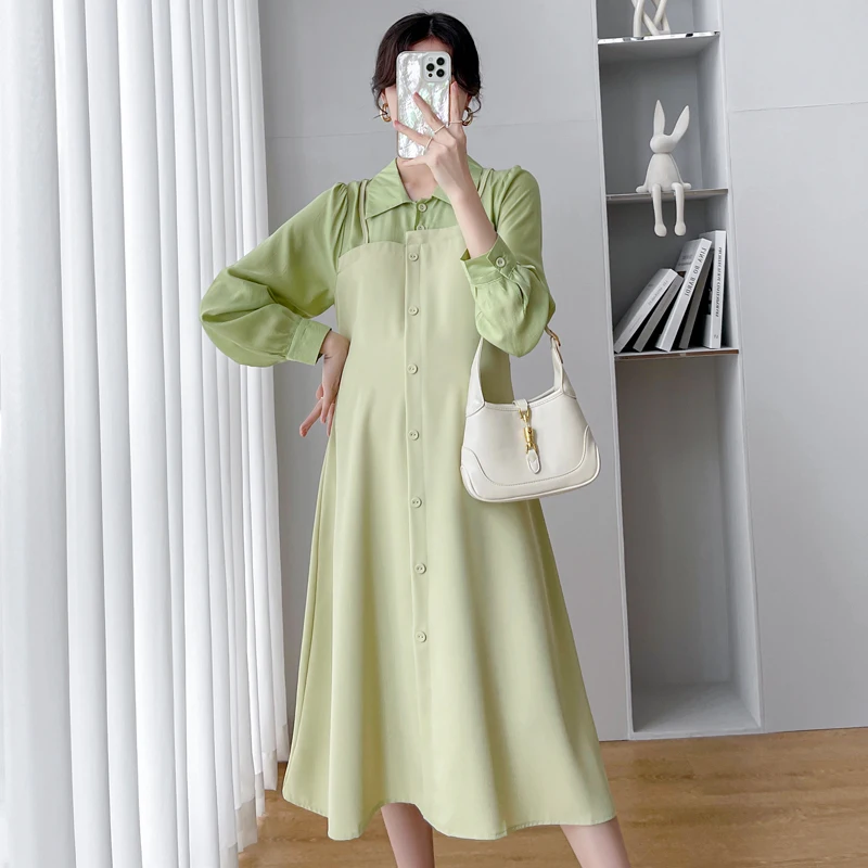 

Autumn New Korean Fashion Patchwork Maternity Long Dress Elegant A Line Slim Clothes for Pregnant Women Postpartum Pregnancy