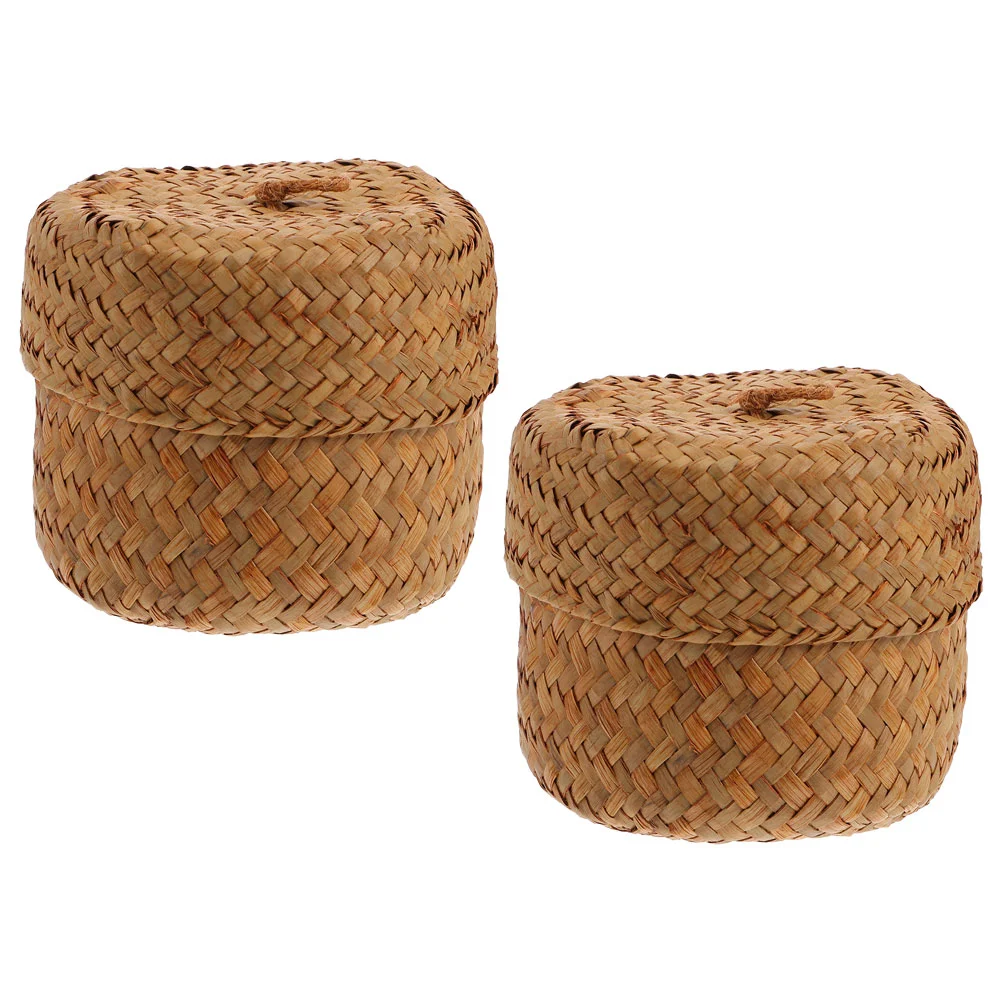 

2 Pcs Flower Box Wicker Storage Basket Lid Sundry Organizer Garbage Can Woven Container Seaweed Hand Seagrass