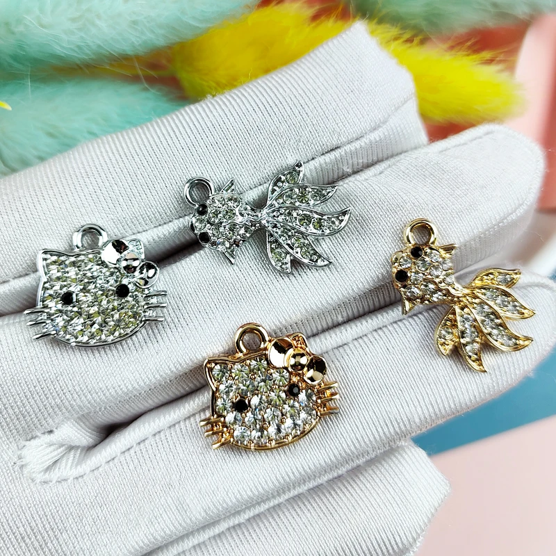 

10pcs Rhinestone Kitty Fish Metal Charms White K/Gold Tone Metal Cat Goldfish Pendant for Earring DIY Jewelry Making