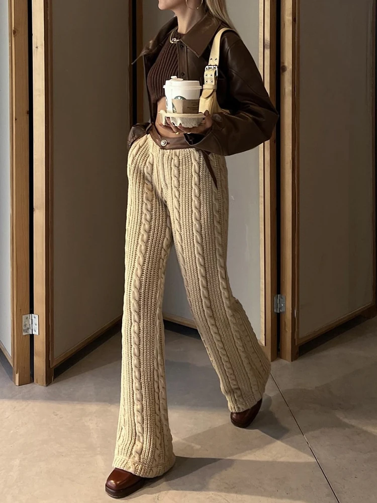 

Брюки женские трикотажные с широкими штанинами, шикарные однотонные брюки-клеш с плетеным узором, кожаные прямые штаны с высокой талией, на осень-зиму