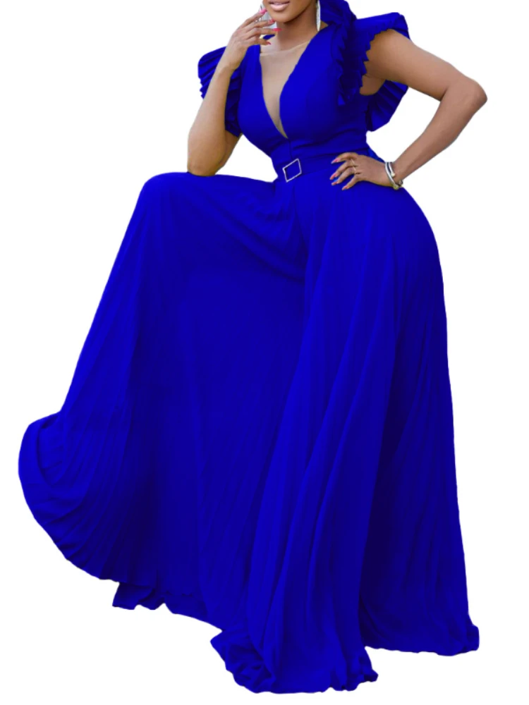 

African Jumpsuit Summer Elegant African Women Short Sleeve V-neck Polyester Solid Color Long Pleated Jumpsuit African Clothes