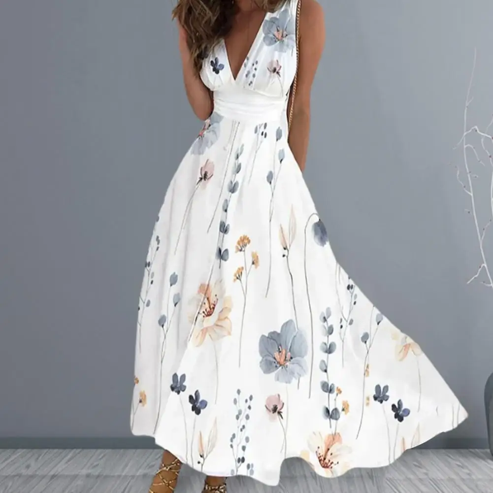 

Attractive Maxi Dress Breathable Long Dress Big Hem Elegant Floral Print High Waist Vest Dress Dressing Up