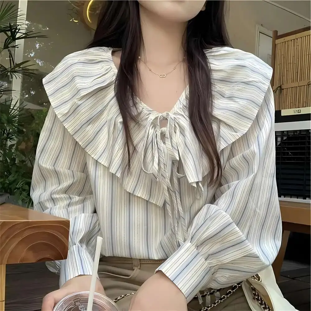 Осенняя полоска с кукольным воротником женские стильные милые топы в японском
