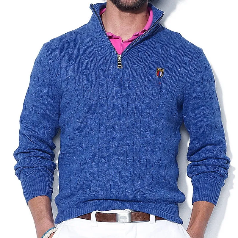 

Knitted Sweater Solid Color Pullover Men Casual Quality Half High Collar Zip 100%Cotton Winter Male Sweaters Basic Pull Homme
